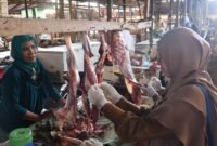 Petugas kesehatan saat melakukan pemeriksaan daging di salah satu kios di pasar baru Lumajang