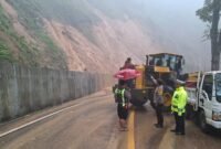 petugas Sat Lantas Polres Lumajang saat mengatur larus lalin dilokasi longsor