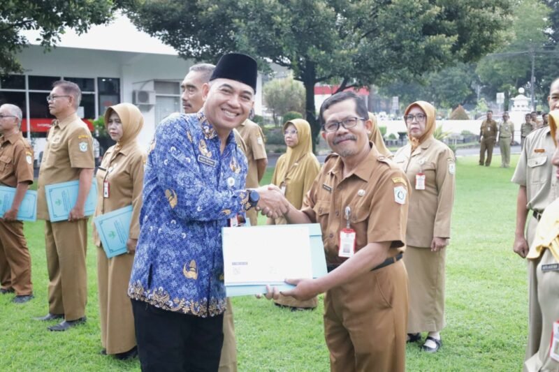 Sekda Lumajang saat menyerahkan tali asih kepada PNS purna tugas